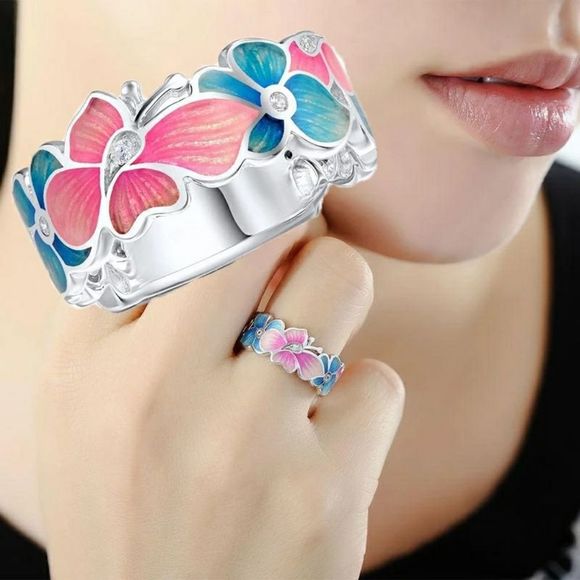 Butterfly CZ pink & blue ring - Picture 1 of 5